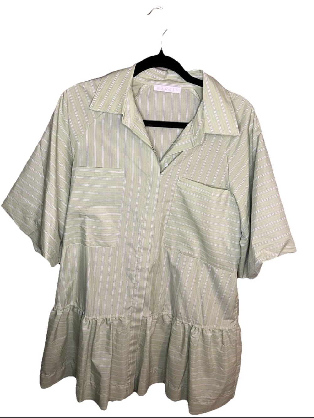Karlie Green Stripe Pocket Ruffle Bottom Shirt/Dress - Medium